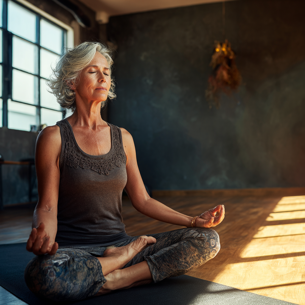 Mature adult practicing meditation in serene yoga studio